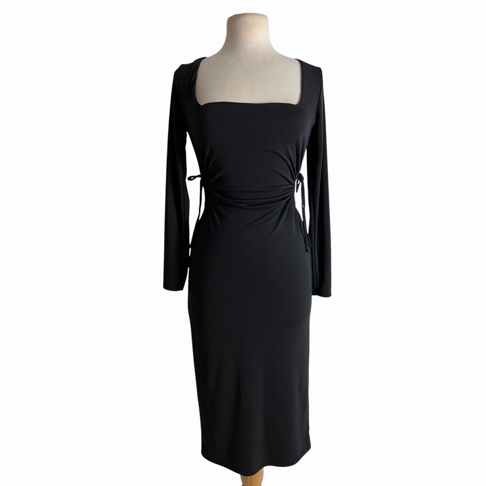 Zara Black Ruched Cutout Midi Dress Long Sleeve Square Neck Bodycon Medium